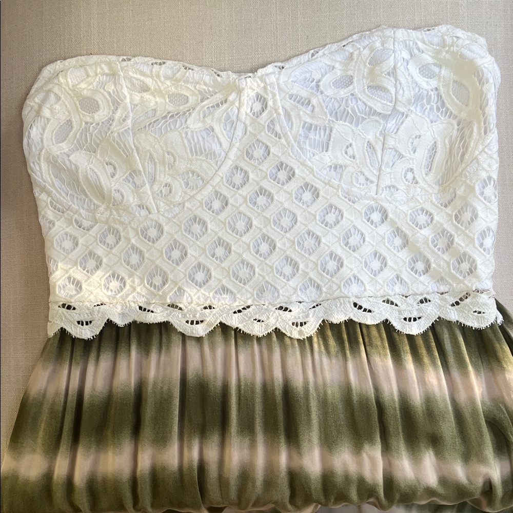 White Lace Strapless with Pink & Green Bottom Maxi Dress - Picture 2 of 7